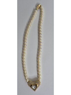 Vintage Monet Faux Pearl Paved Rhinestone Heart Necklace 17"
